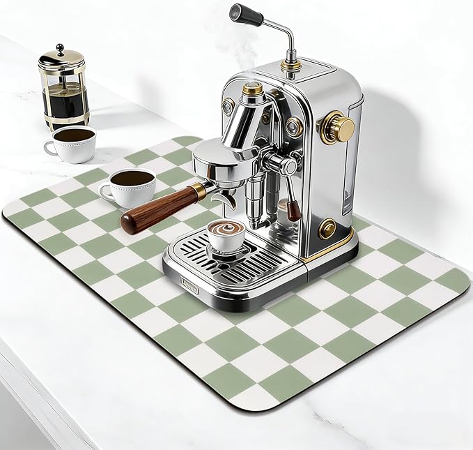 Checkered Dish Drying Mat for Kitchen Counter, Absorbent Non-Slip Coffee Mat, Heat Resistant Mat for Countertops Coffee Bar Decor 17" x 32" Green