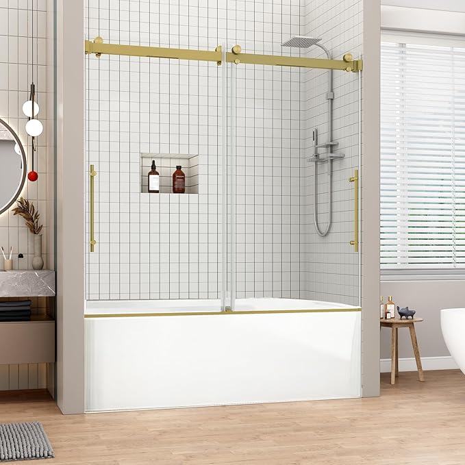 Sunrosa Frameless Double Sliding Tub Shower Door 60" W x 60" H, 5/16" (8mm) Thick Easy-Clean Tempered Glass, Adjustable Tub Door with Soft-Close System, Brushed Gold Finish