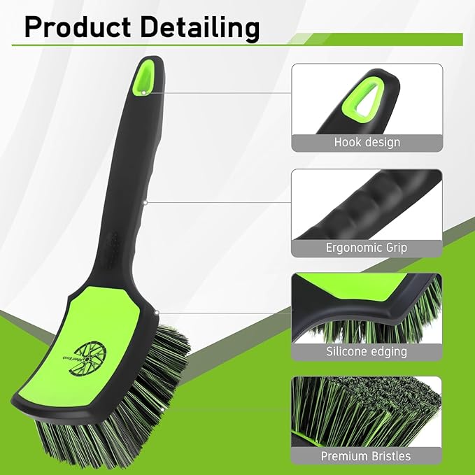 Non-Scratch 2-Pack Car Wheel Tire Cleaning Brush Kit:Soft &Stiff Bristle Detailing Brush with Ergonomic Rubber Short Handle for Deep Cleaning Car Tire Rims, Fenders or Carpet(Black Green)