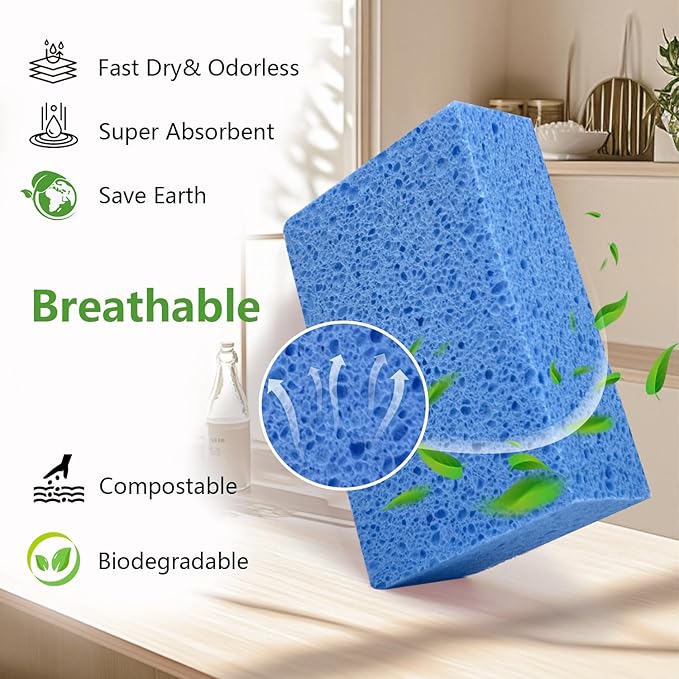 Cleaning and Washing Sponge, 3 Pack Large Extra Thick Heavy Duty Sponge Multi-Purpose for Kitchen Bathroom Bike Boat Car, Natural Cellulose Sponges 4" X 6" X 2" (Blue)