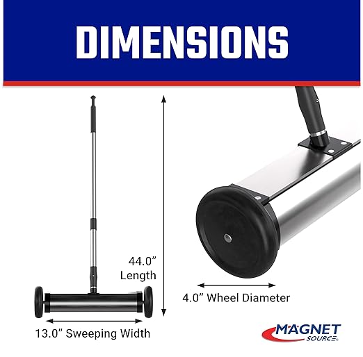Master Magnetics Magnetic Sweeper with Wheels - Mini Push-Type with Release and Telescoping Handle - Powerful Magnetic Tool for Yard - Pick Up Nails and Other Metal Debris - Strong 35 lb Pull - 13”