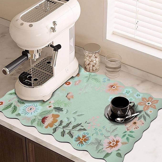 Scalloped Bohemian Coffee Mat Dish Drying Mats for Kitchen Counter, Kitchen Decor,(12"x19", Green)