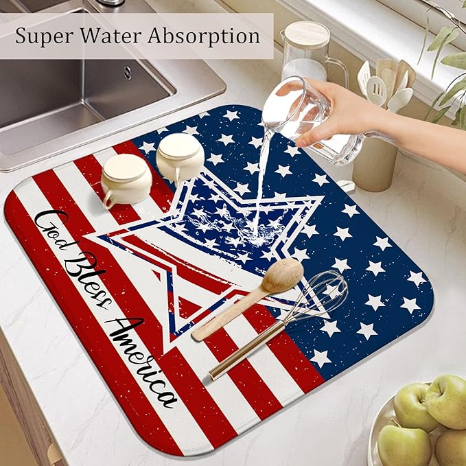 4th of July Dish Drying Mat for Kitchen Counter,Independence Day Stars Memorial Fallen Soldiers Microfiber Drying Mat, Washable Absorbent Patriot Kitchen Countertop Dish Mat Draining Mat 16×18 Inch