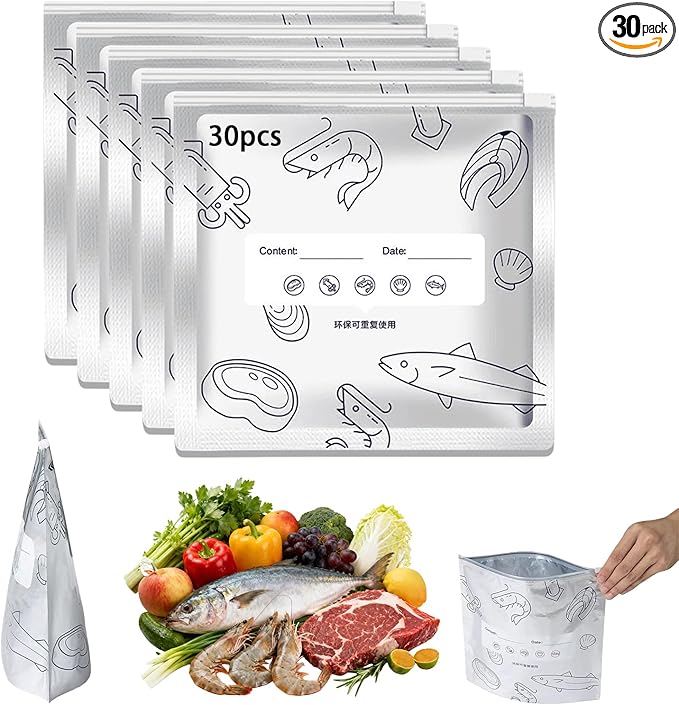 Reusable Aluminum Foil Sealable Storage Bags, 2026 New Resealable Stand Up Zipper Pouches with Label for Food Storage, Freezer Safe Leak Proof Foil Bags for Meat, Fruit, Vegetables (30 Large)