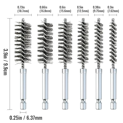 6 Pcs Stainless Steel Bore Brush Set with 1/4" Hex Shank Twisted Wire Bristles, Different Sizes (8, 10, 12, 15, 17, 19mm) for Rust and Tube Cleaning