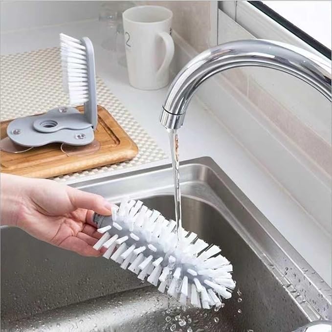Bar Glass Washer Glass Cleaning Brush with Suction Base 360-Degree Triple Head Design Bottle and Cup Scrubber for Kitchen Sink (Light Gray)