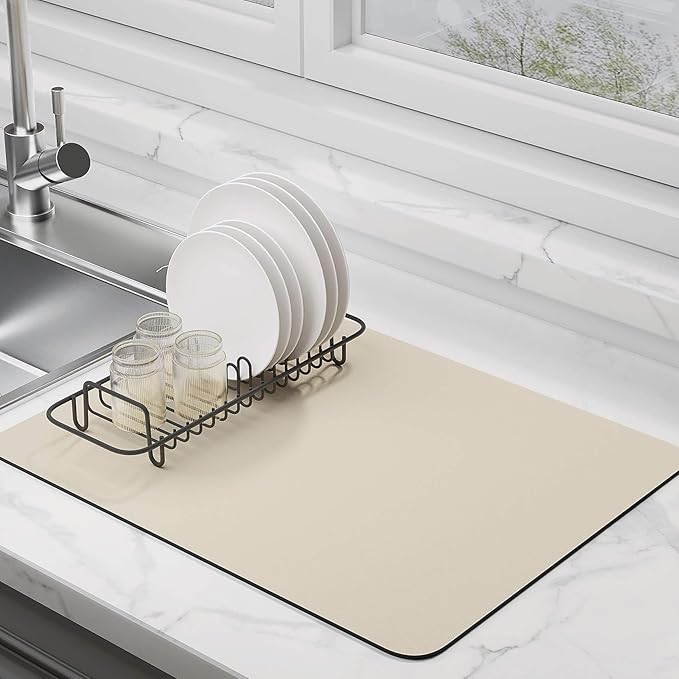 Dish Drying Mat for Kitchen Counter Super Absorbent Drainer Mats with Non-slip Rubber Backed Hide Stain Heat Resistant Easy to Clean Dish Rack Mat (Beige, XL-31.5"x17")