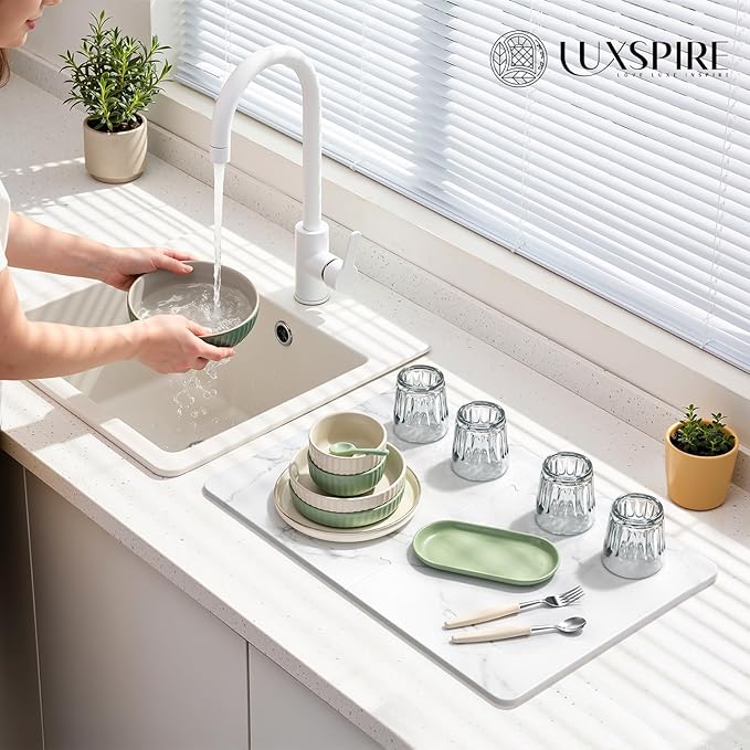 Luxspire Dish Drying Mat for Kitchen Counter 24"x16", Fast-Absorbing Stone Drying Mat Non-Slip Stone Kitchen Drying Mat for Dishes, Cups Waterproof Counter Protector for Kitchen Bath, Marble White
