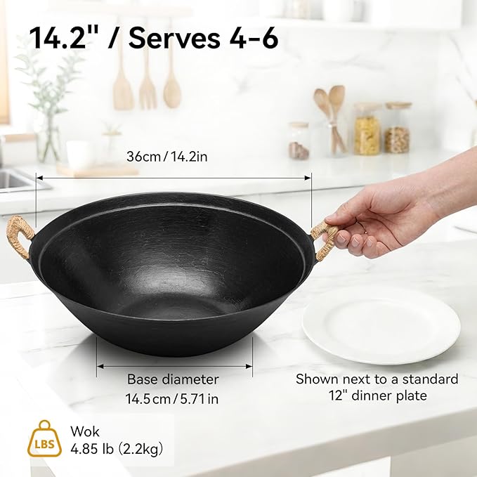 WANGYUANJI 14.2" Cast Iron Wok with Lid, Hand Hammered Chinese Wok Pan, Flat Bottom Stir Fry Pan for Induction, Gas & Electric Stoves, Uncoated Non-Toxic, Dual Handles