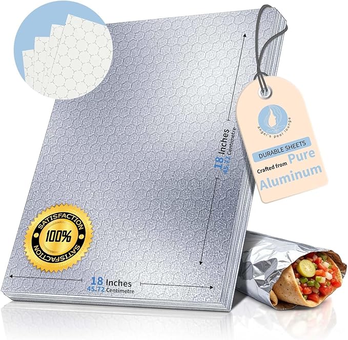 ANGEL’S PEEL LOUNGE Heavy Duty Aluminum Foil Sheets — Large Precut Non Stick Tinfoil Wraps For Sandwiches, Burritos, Burgers, Hot Dogs, Grease Barrier Heat Insulated Foil Sheets, 18inx18in 100-PCS