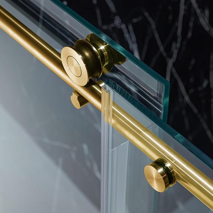 Woodbridge Frameless Single Sliding Shower Doors in Brushed Gold Finish, 57.5-60" Width x 62" Height with 3/8"(10mm) Clear Tempered Glass, Soft Close System and Explosion-Proof Film, BSDC6062-BG