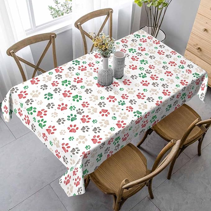 Paw Prints Table Cloth 52x70 Doodle Dog Cat Red Green Footprint Rectangular Tablecloth Polyester Washable Table Cover for Dining Kitchen Banquet Picnic Decorative