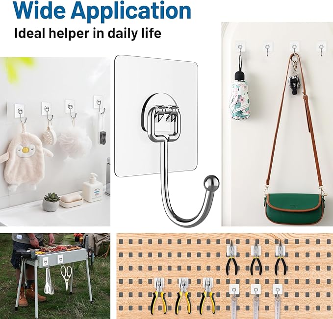 Adhesive Hooks Heavy Duty 44lb(max), Rustproof Adhesive Hooks for Hanging Bag, Coat, Towel etc, Strong Stick on Hooks for Hanging Heavy Duty for Bathroom, Kitchen, Home, 8 Pack