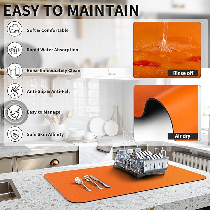Dish Drying Mat for Kitchen Counter, Heat Resistant Drainer Mats with Non-slip Rubber Backed, Hide Stain Kitchen Super Absorbent Draining Mat, Easy to Clean Dish Rack Pad, Orange 16"x18"