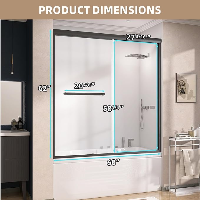 GETPRO Shower Door for Tub 56-60 in. W x 62 in. H Semi-Frameless Tub Door for Shower, Double Sliding Bypass Bath Tub Shower Glass Doors with 5/16 inch Tempered Glass Matte Black