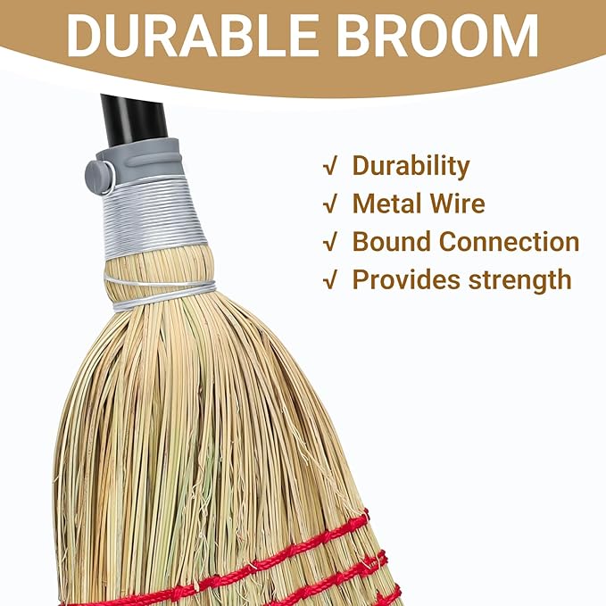 Outdoor Corn Broom, Household Indoor and Outdoor Broom Suitable for Sweeping Gravel, Fallen Leaves and Sand on Yard, Garage, Lawn, Stone Path and Concrete Floor (Total Length 59")