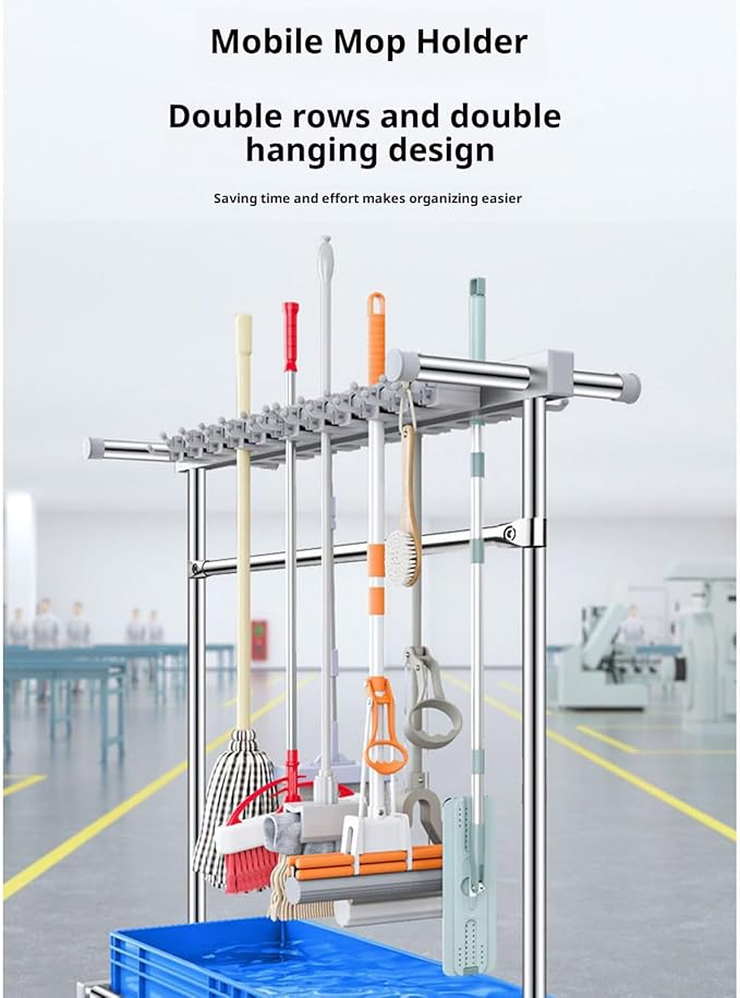 2. Removable Metal Broom Rack with Hooks Corrosion-Resistant Mop for Small Spaces Home Garage Storage Cleaning Tool Rack