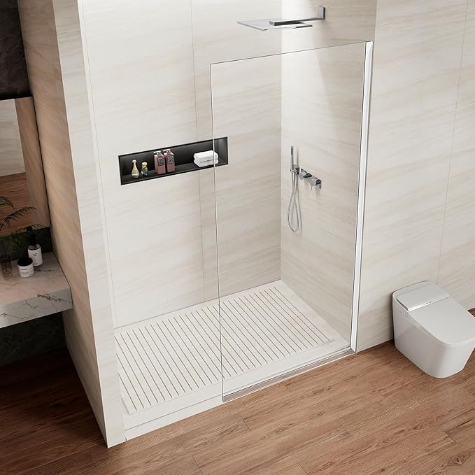 Shower Screen 34" x 74" Half Frameless Shower Wall Panel, Tempered Glass 3/8 inch, Easy to Clean Coating, Fixed Glass Shower Door with Hardware (Chrome)