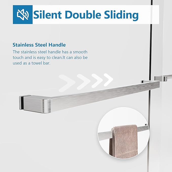 56"-60" W x 70" H Semi-Frameless Double Sliding Bypass Shower Door, 1/4" (6mm) SGCC Tempered Glass Shower Door, Brushed Nickel Finish