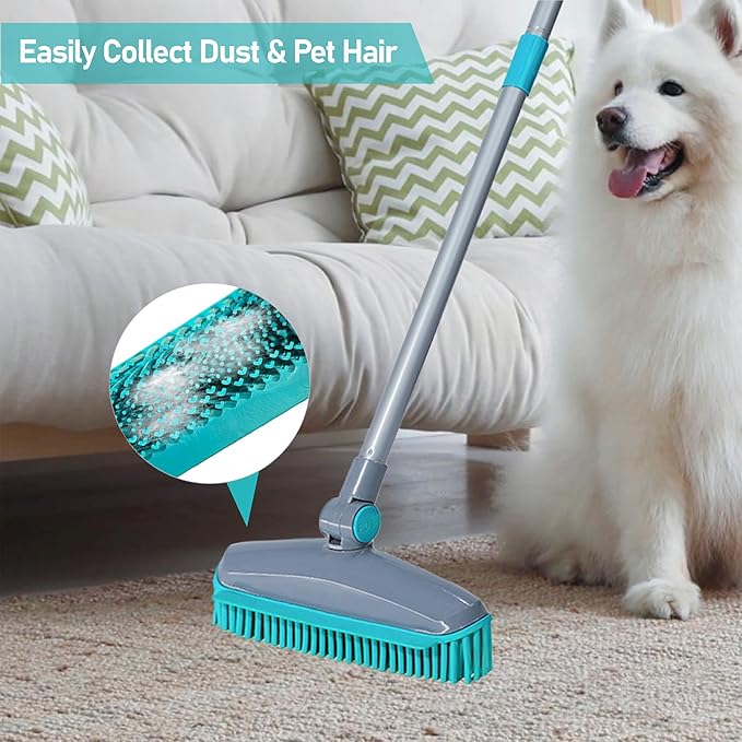 180°Rotating Rubber Broom with Squeegee for Pet Hair Removal - 50" Iron Handle Fur Remover Rake Brush for Carpet, Hardwood & Tile Floors, Includes Pet Hair Removal Gloves (Blue)