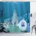 Ambesonne Ocean Shower Curtain, Mermaid Castle with Dolphins Moss Fish Sun Beams Art Print, Cloth Fabric Bathroom Decor Set with Hooks, 69" W x 84" L, Turquoise Teal