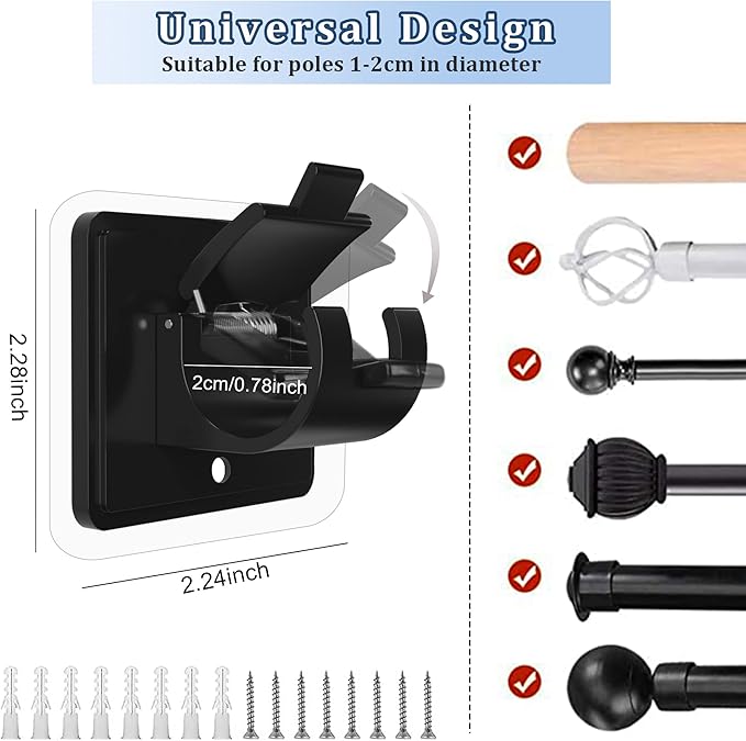 14PCS No Drill Curtain Rod Brackets No Drilling Self Adhesive Curtain Rod Holder Hooks Nail Free Adjustable Curtain Rod Hooks Curtain Hangers for Bathroom Kitchen Home Bathroom and Hotel (14PCS Black)