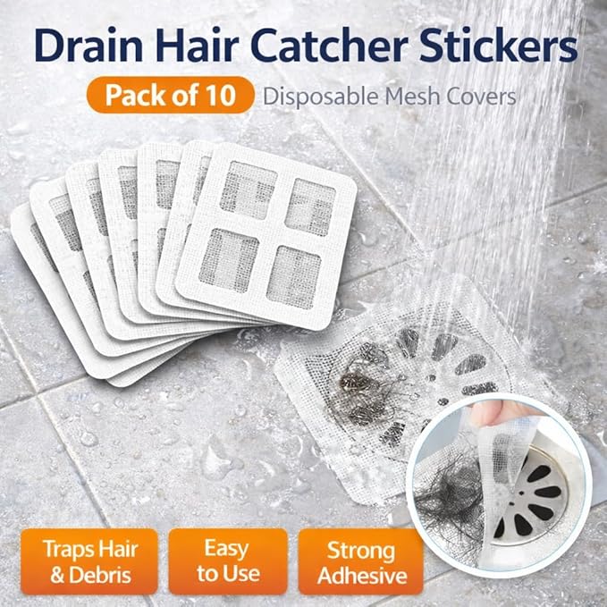 Disposable Shower Drain Hair Catcher Stickers (10 Pack) – Waterproof Mesh Hair Trap Covers for Shower & Bathtub Drains, Peel-Stick Disposable Drain Protector