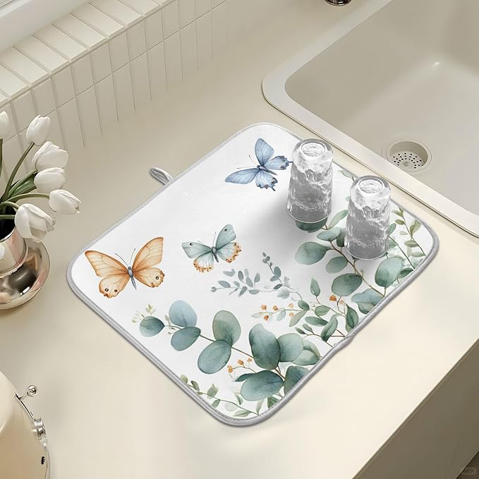 Spring Eucalyptus Green Leaf Dish Drying Mat for Kitchen Counter Absorbent Microfiber Small Drying Pad Dish mats for Kitchen Countertops 16 x 18 Inch
