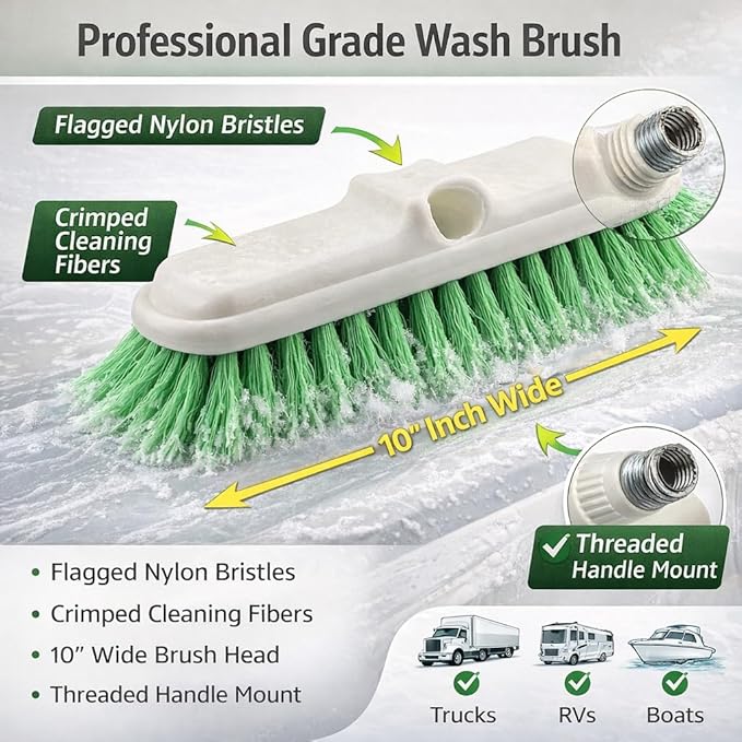 HI-TECH Industries 10" Bi-Level Flagged Super Soft Brush – Gentle Nylon Bristles – Crimped for Extra Cleaning Power – Threaded Handle Hole – Ideal for Trucks, SUVs, Boats, & Large Vehicles