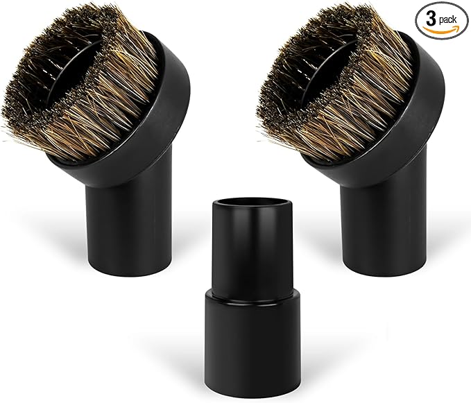 3PCS Horse Hair Brush Vacuum Attachment Set - Black Round Horse Hair Vacuum Attachments & Brushes - Shop Vac Brush Attachment for Most Vacuum Cleaners Accessories - 1 1/4" Vacuum Attachments Included
