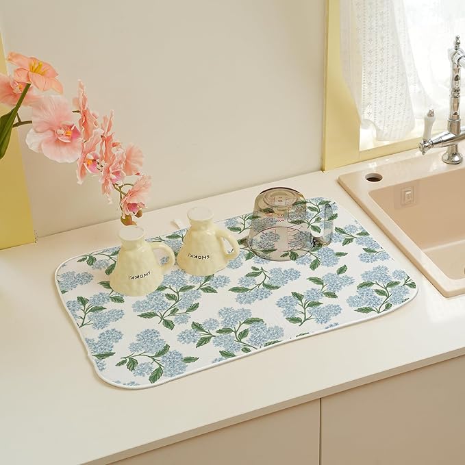 Blue Sage Green Hydrangea Dish Drying Mats 18x24 Inch Floral Mats Spring Holiday Kitchen Decor Absorbent Drying Dish Pad Rack Drainer Mats for Kitchen Dining Room
