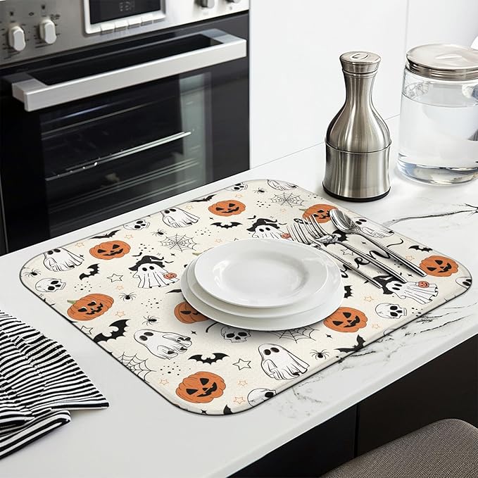 Halloween Dish Drying Mat for Kitchen Counter,Horror Halloween Pumpkin Skull Ghost Pattern Microfiber Drying Mat,Washable Absorbent Countertop Holiday Dish Mat Drain Pad,16x18Inch
