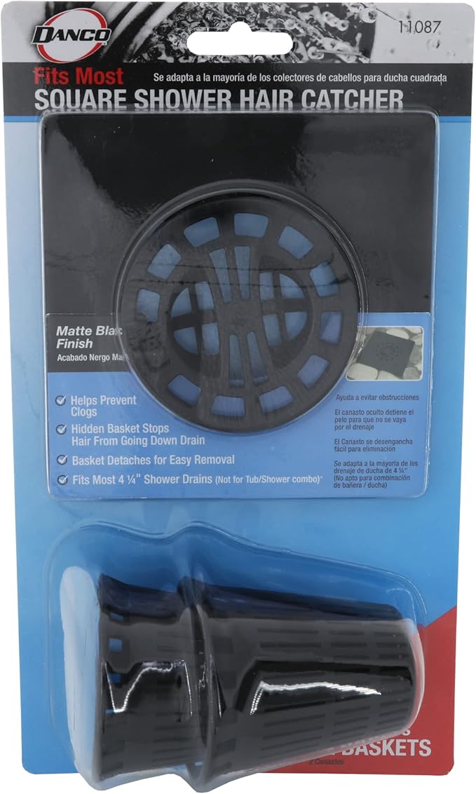 Danco 11087 Square Shower Hair Catcher with Replacement Baskets, Shower Drain Protector in Matte Black