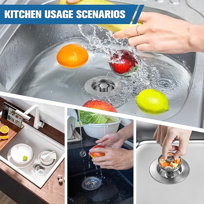 2 Pack Sink Drain Strainer Kitchen Sink Drain Strainer&Sink Stopper,Stainless Steel Pop up Sink Drain Strainer,Anti-Clogging Basket Strainer,High Durability with Brass Core,Fit 3-1/2",Chrome