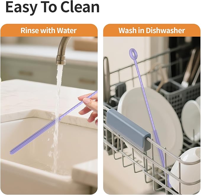 2Pcs Silicone Straw Cleaner Brush, Dual-Size Brushes (6mm Slim & 9mm Wide), Clean for Reusable Straws, Cups and Tumblers, Durable & Eco-Friendly, Purple