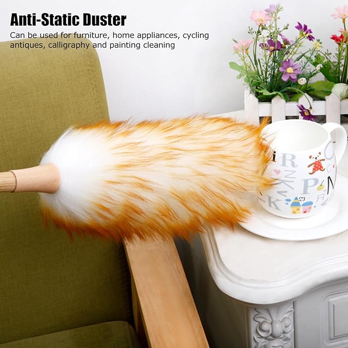 Lambswool Duster with Solid Wooden Handle, Antistatic Soft Wool Duster Dust Cleaner, 19.7in Household Furniture Cleaning Tool