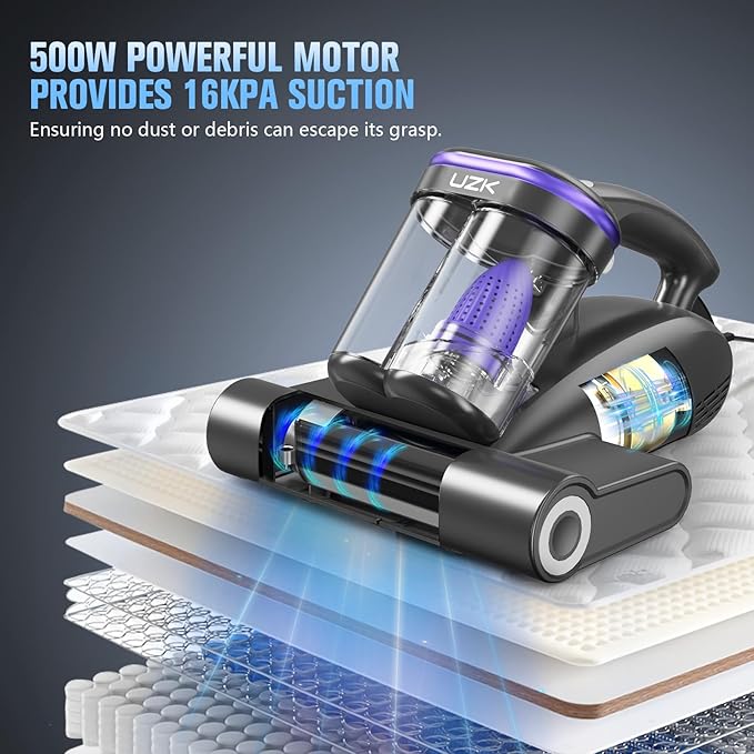 Bed Vacuum Cleaner Mattress Vacuum Cleaner,16Kpa Powerful Handheld Vacuums with UV-C Light & Double Dust Cup & High Heating & Ultrasonic & Anion for Bed Sofa(Black)