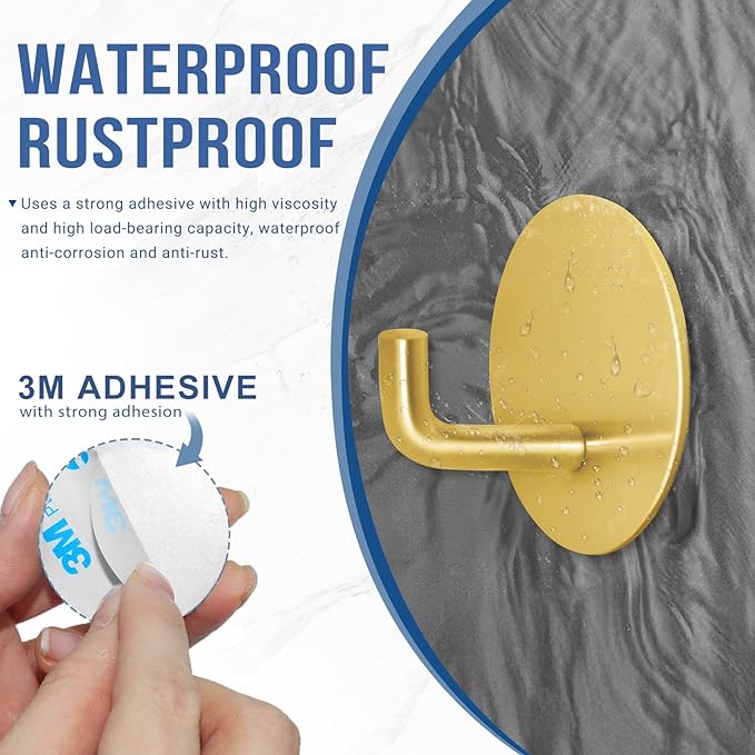 Adhesive Hooks for Bathrooms, 4 Piece Towel Hooks for Hanging Hat Robe Coat, Stick on Hooks for Kitchens, Strong Self-Adhesive No Damage Waterproof Stainless Steel Sticky Hook (Gold)