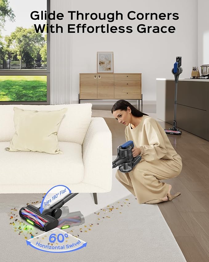 Cordless Stick Vacuum Cleaner – 3-in-1 Brush Roll for Hard Floors and Carpets, 55 Min Runtime Rechargeable Lightweight Vacuum with Green LED Headlight for Pet Hair and Dust Cleaning