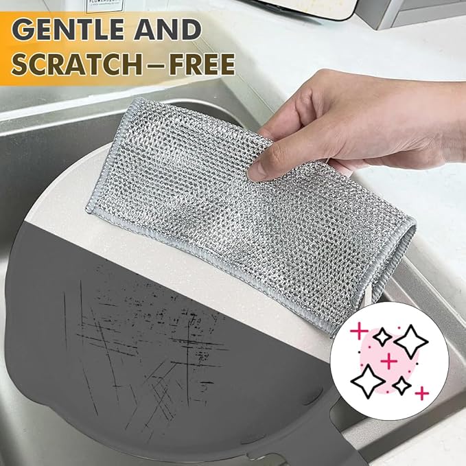 Silver Mesh Dish Cloths (3 Layer) – Non Scratch, Odor Free, Quick Dry Wire Cleaning Pads for Sinks, Dishes, Stove Top | Multipurpose Reusable Metal Scrubbers | 10 Pack