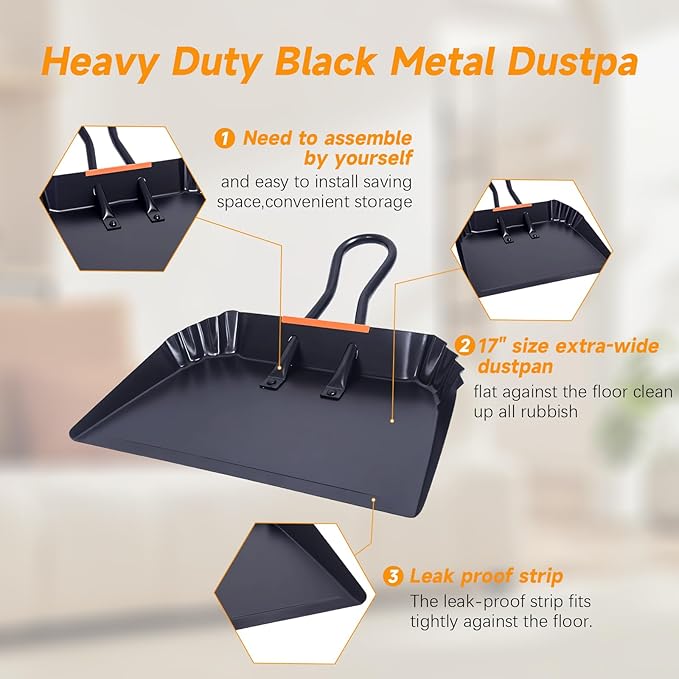 Heavy-Duty Black Metal Dustpan,17",Dust Pan with Handle,Large Dust Pans,Ideal for Industrial/Commercial/Indoor/Outdoor Professional Debris Collection & Home Cleaning (17inch_1PCS)