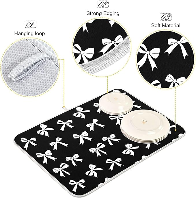 Black Bow Dish Drying Mat for Kitchen Countertop 16x18 Bowknot Coquette Rectangle Small Drying Mat Reusable Quick Dry Dish Sink Absorbent Mats Dishwasher Easy Clean Decorative Home Decor Essentials