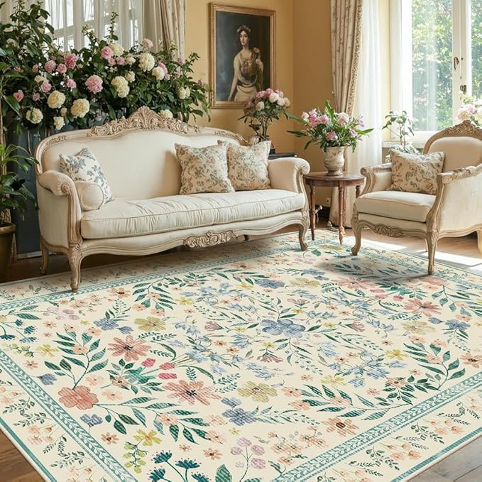 Floral Rug for Living Room Bedroom, 5x7 Washable Rug, Green Vintage Boho Area Rug, Large Non Slip Low Pile Wool Carpet for Indoor Dining Room,Girls Room,Nursery Room and Kids Room(Green 5x7ft)