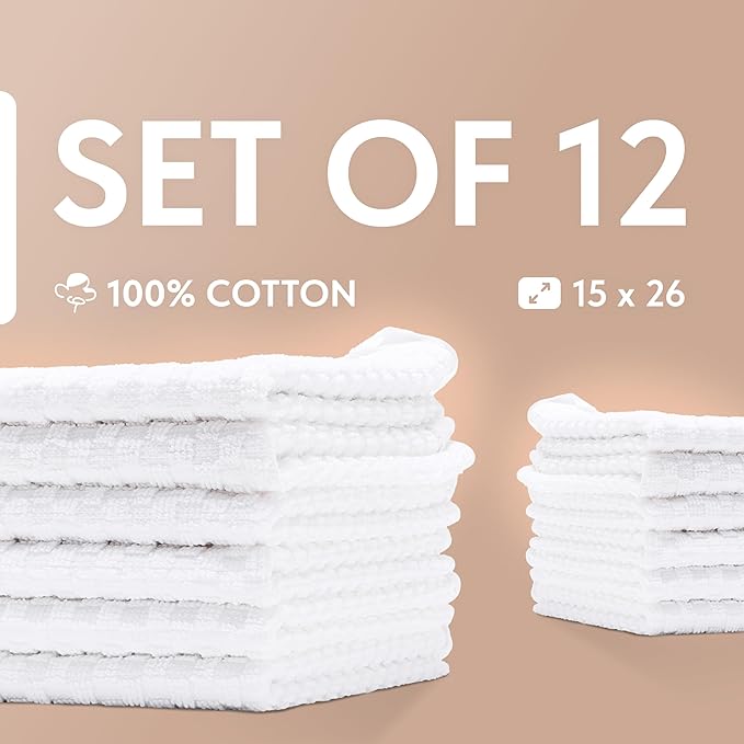 Wealuxe Super Absorbent Kitchen Towels 12 Pack - Premium 100% Cotton Kitchen Towels, 450GSM Thick Machine Washable White Dish Towels for Kitchen Drying, Cleaning, Dobby Weave, Unmatched Quality