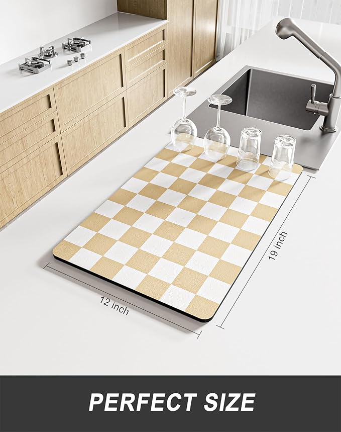 Rnivvi Dish Drying Mat for Kitchen Counter, 12 x 19" Cute Checkered Absorbent Draining Pad, Non-Slip Heat Resistant Coffee Bar Mats for Coffee Machine Station Accessories, Beige White Dish Rack Pad
