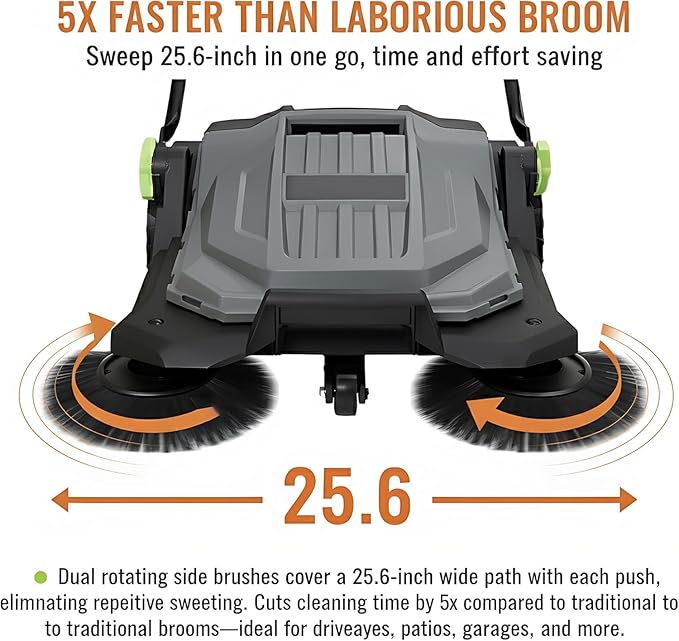 Manual Walk-Behind Floor Sweeper - 25.6" Wide Sweeping Path, 5-Gallon Waste Container, Adjustable Foldable Handle for Yard/Garage/Patio