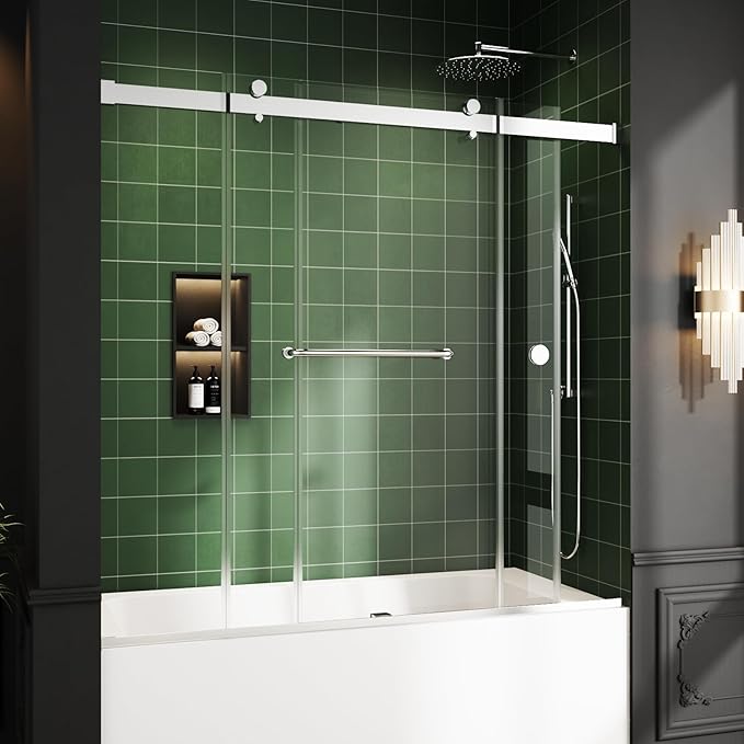 Bathtub Sliding Door, 55"-60" W x 56" H Tub Shower Door, Bathtub Glass Door, Bathtub Double Sliding Tempered Glass Explosion-Proof Film Stainless Steel Brushed Silver