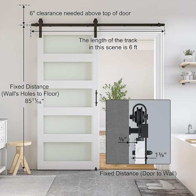 SmartStandard 34 x 84 in Glass Barn Door with 6FT Sliding Hardware Kit & Handle, Pre-Drilled Ready to Assemble, Waterproof PVC Coating, White, 5-Panel Glass