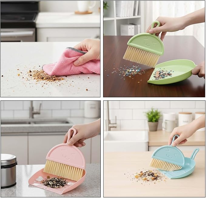 3 Pcs Mini Broom and Dustpan Set with Pink Towel, Small Brush Handheld Broom, Hangable Dustpan for Cleaning Tables, Sofas, Cars, Keyboards, Kitchen Countertops
