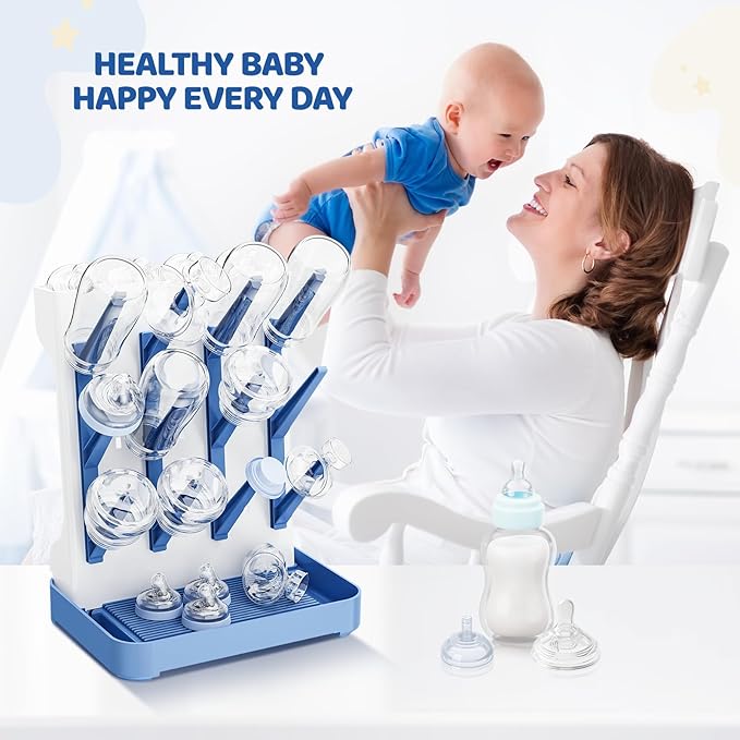 Dayacoco Baby Bottle Drying Rack, Space Saving Vertical Bottles Dryer Holder, Standing Bottle Drying Rack for Countertop Kitchen Organize Bottles, Brushes, Baby Accessories (Blue)